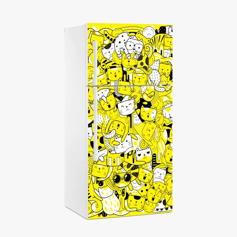 Naklejka na lodówkę zabawna żółta mozaika kotów