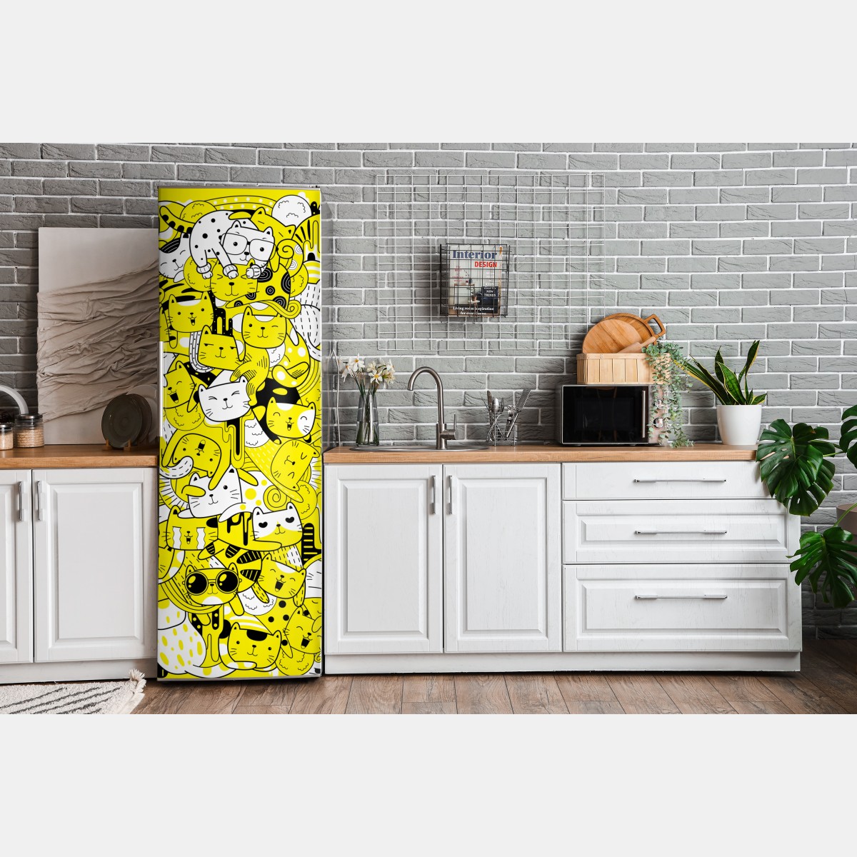 Naklejka na lodówkę zabawna żółta mozaika kotów – Wallissimo® Naklejka na lodówkę zabawna żółta mozaika kotów – Wallissimo®