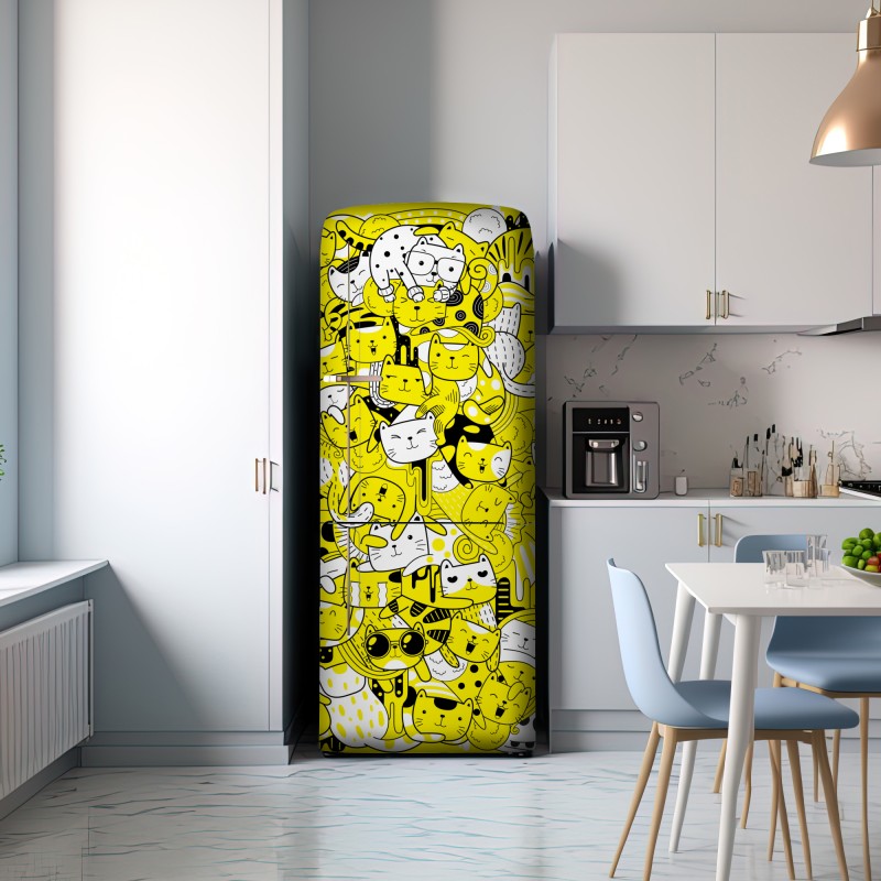 Naklejka na lodówkę zabawna żółta mozaika kotów – Wallissimo® Naklejka na lodówkę zabawna żółta mozaika kotów – Wallissimo®