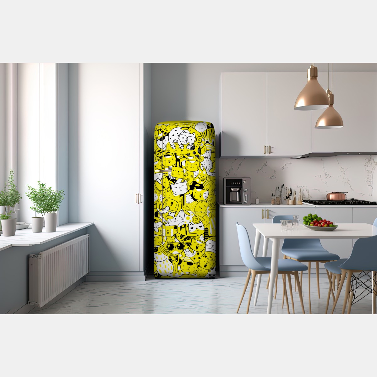 Naklejka na lodówkę zabawna żółta mozaika kotów – Wallissimo® Naklejka na lodówkę zabawna żółta mozaika kotów – Wallissimo®