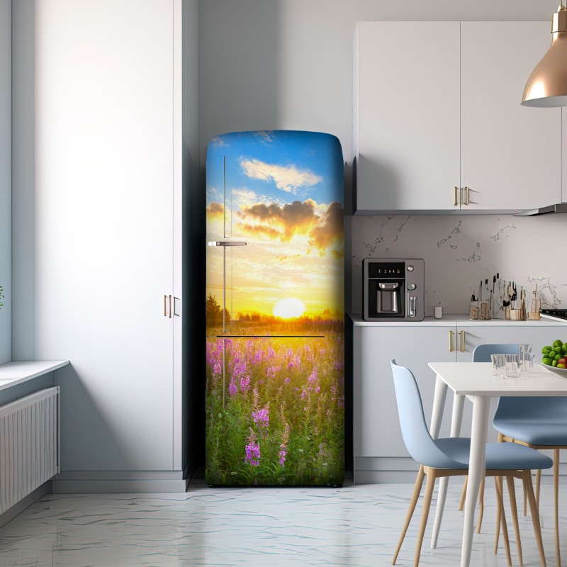 Naklejka na lodówkę wschód słońca nad łąką pełną fioletowych kwiatów – Wallissimo® Naklejka na lodówkę wschód słońca nad łąką pełną fioletowych kwiatów – Wallissimo®