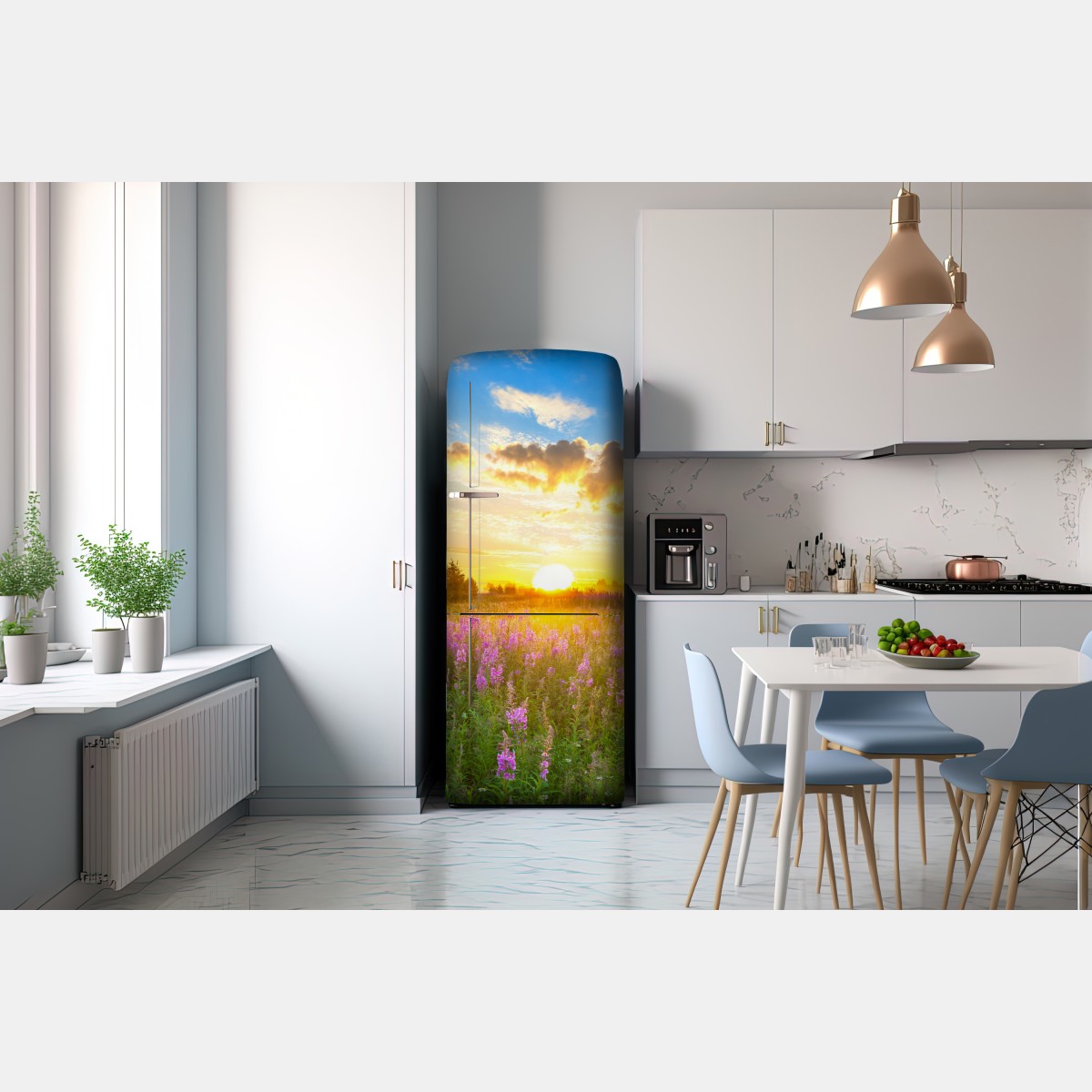 Naklejka na lodówkę wschód słońca nad łąką pełną fioletowych kwiatów – Wallissimo® Naklejka na lodówkę wschód słońca nad łąką pełną fioletowych kwiatów – Wallissimo®