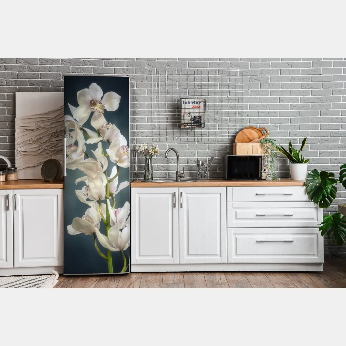 Naklejka na lodówkę delikatne białe storczyki na stonowanym tle – Wallissimo® Naklejka na lodówkę delikatne białe storczyki na stonowanym tle – Wallissimo®