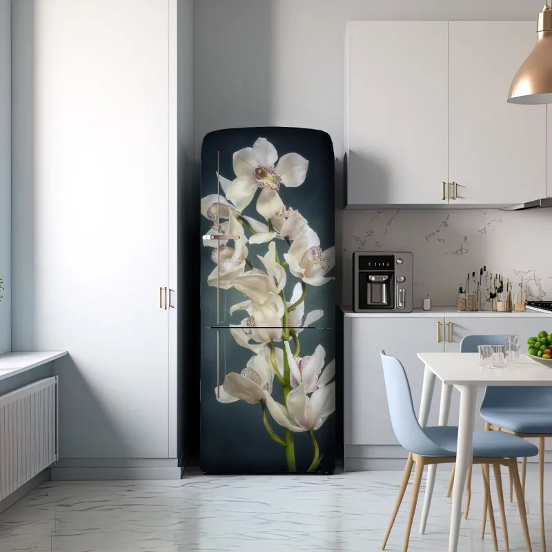 Naklejka na lodówkę delikatne białe storczyki na stonowanym tle – Wallissimo® Naklejka na lodówkę delikatne białe storczyki na stonowanym tle – Wallissimo®