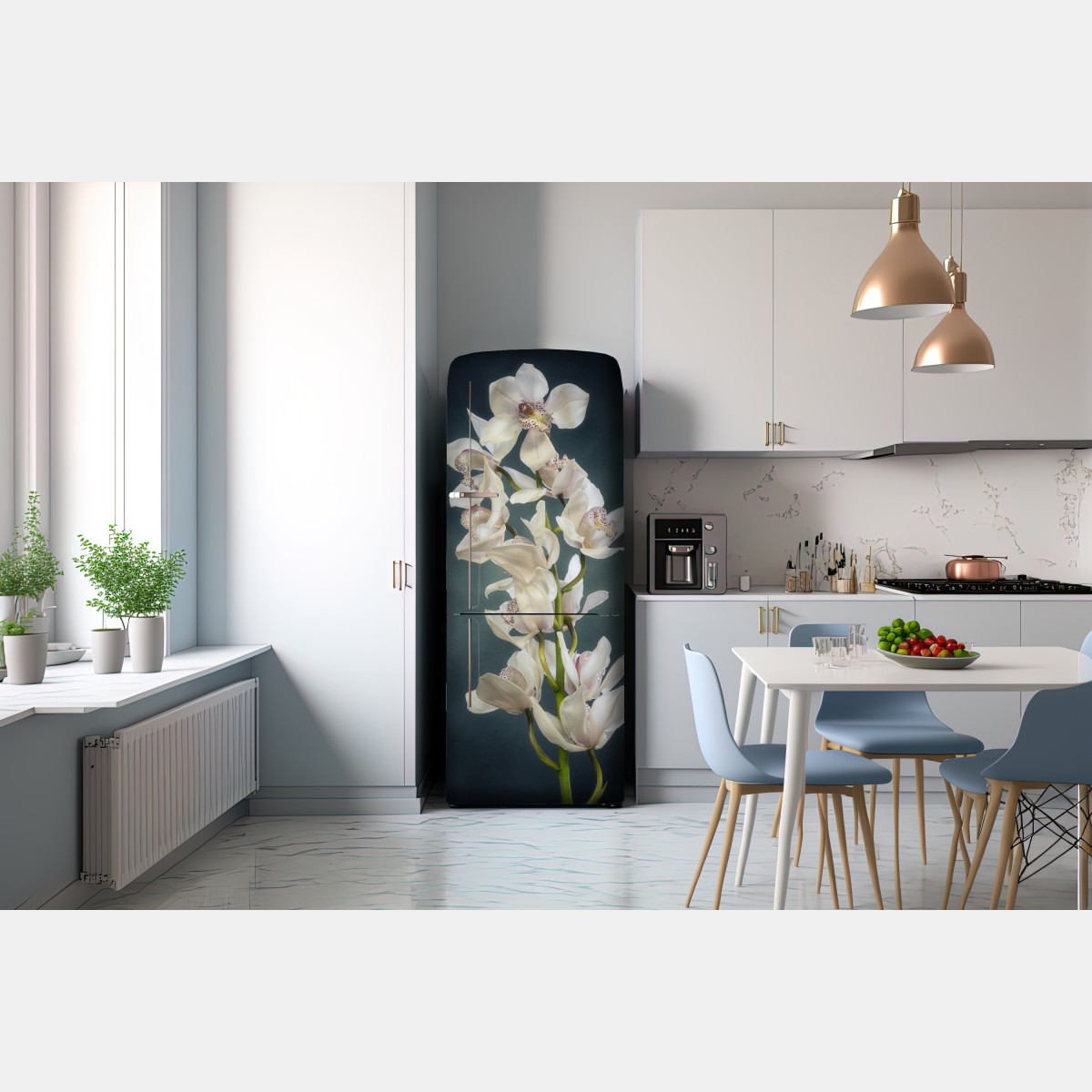 Naklejka na lodówkę delikatne białe storczyki na stonowanym tle – Wallissimo® Naklejka na lodówkę delikatne białe storczyki na stonowanym tle – Wallissimo®