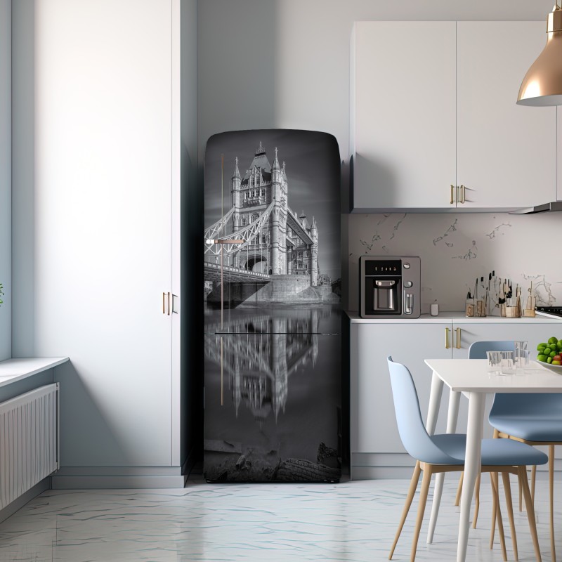 Naklejka na lodówkę Tower Bridge odbicie w odcieniach szarości – Wallissimo® Naklejka na lodówkę Tower Bridge odbicie w odcieniach szarości – Wallissimo®