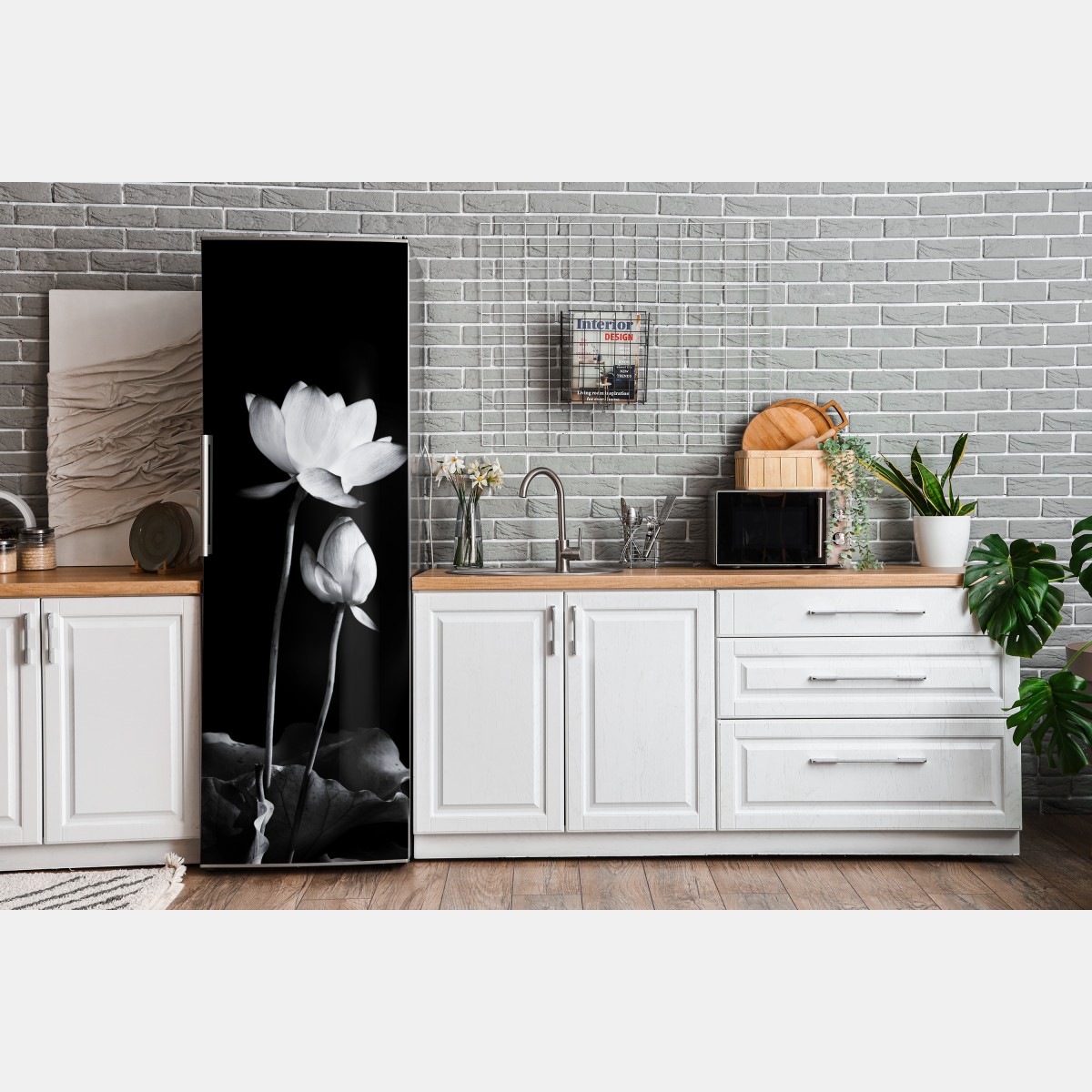 Naklejka na lodówkę biały lotos w monochromie – Wallissimo® Naklejka na lodówkę biały lotos w monochromie – Wallissimo®