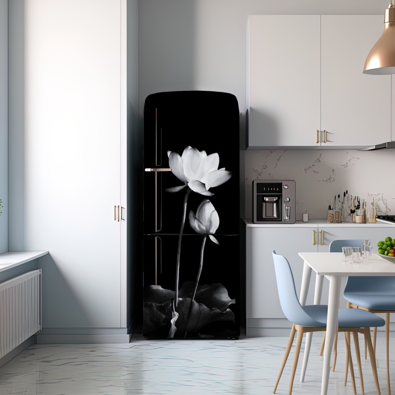 Naklejka na lodówkę biały lotos w monochromie – Wallissimo® Naklejka na lodówkę biały lotos w monochromie – Wallissimo®
