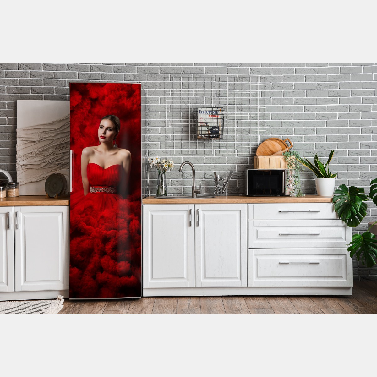 Naklejka na lodówkę elegancki portret w czerwonej sukni – Wallissimo® Naklejka na lodówkę elegancki portret w czerwonej sukni – Wallissimo®