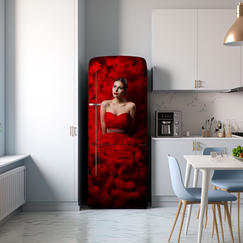 Naklejka na lodówkę elegancki portret w czerwonej sukni – Wallissimo® Naklejka na lodówkę elegancki portret w czerwonej sukni – Wallissimo®