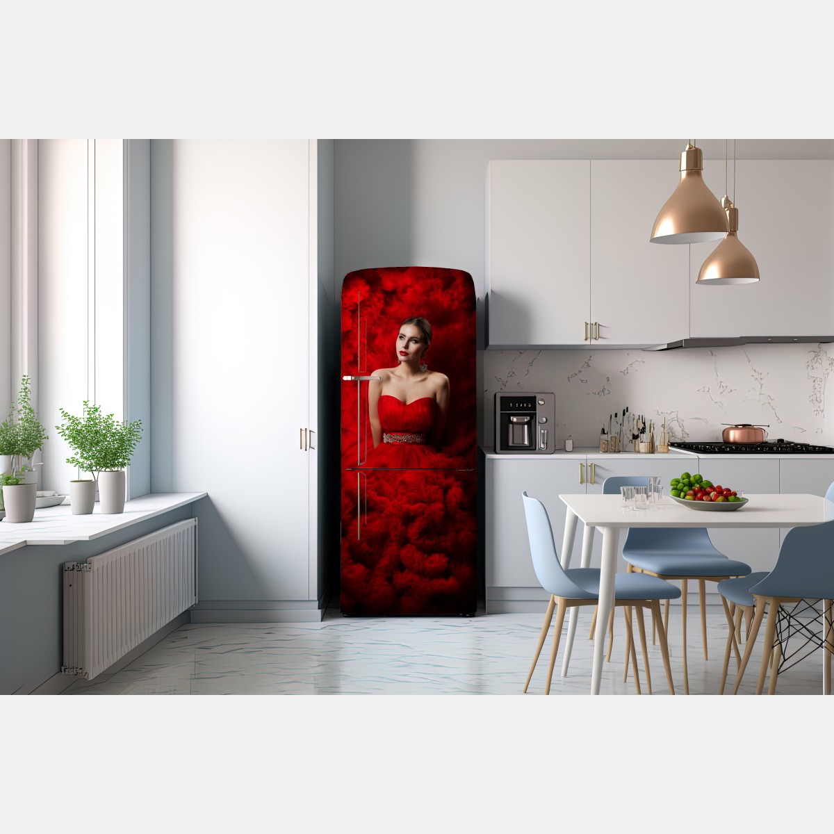 Naklejka na lodówkę elegancki portret w czerwonej sukni – Wallissimo® Naklejka na lodówkę elegancki portret w czerwonej sukni – Wallissimo®