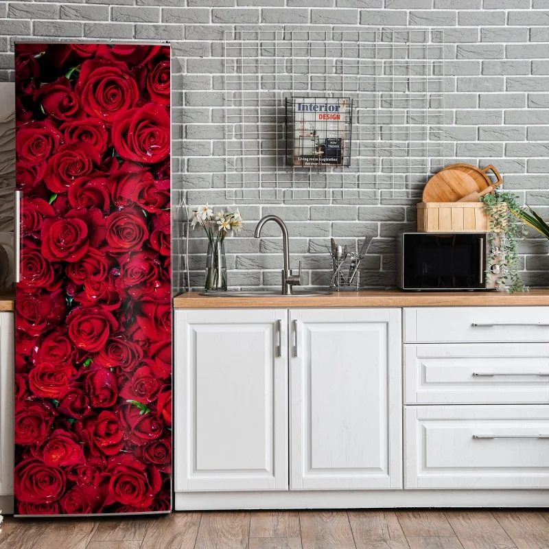 Naklejka na lodówkę gęsta ściana czerwonych róż – Wallissimo® Naklejka na lodówkę gęsta ściana czerwonych róż – Wallissimo®