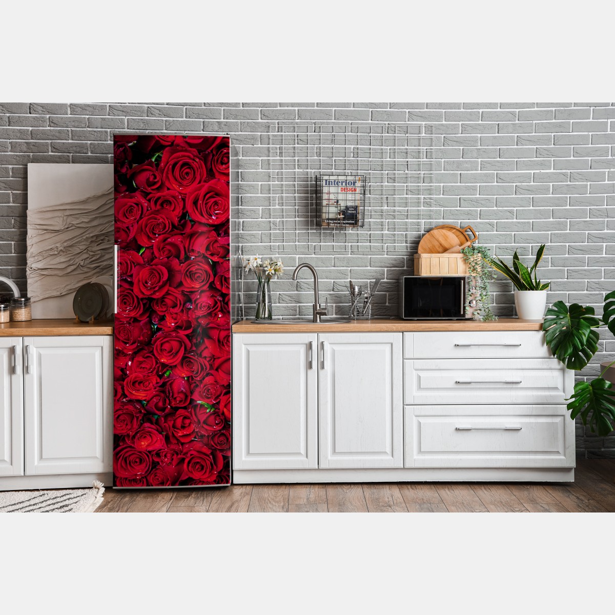 Naklejka na lodówkę gęsta ściana czerwonych róż – Wallissimo® Naklejka na lodówkę gęsta ściana czerwonych róż – Wallissimo®
