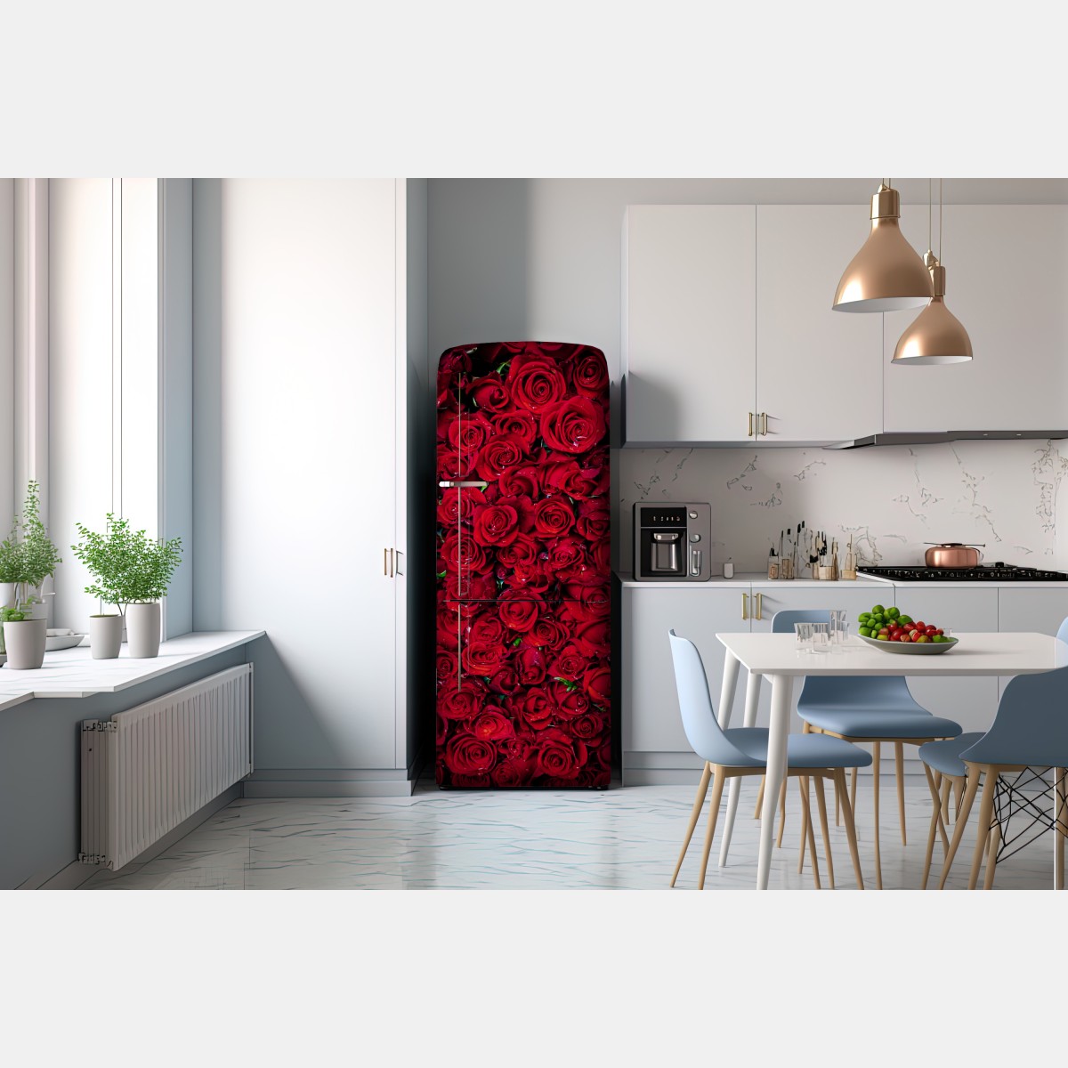 Naklejka na lodówkę gęsta ściana czerwonych róż – Wallissimo® Naklejka na lodówkę gęsta ściana czerwonych róż – Wallissimo®