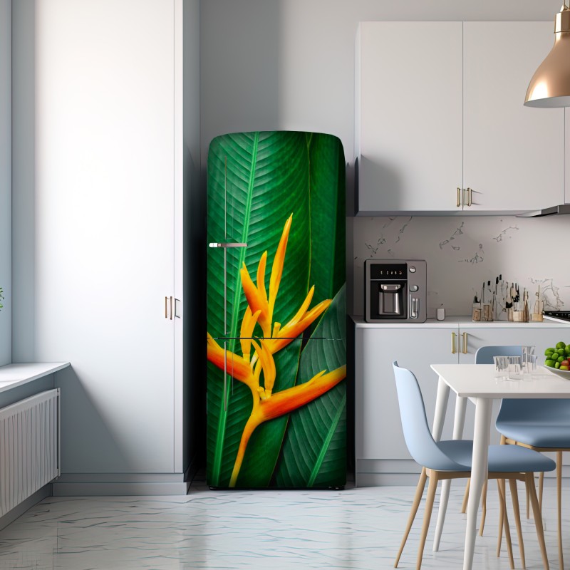 Naklejka na lodówkę żywa heliconia na zielonych liściach – Wallissimo® Naklejka na lodówkę żywa heliconia na zielonych liściach – Wallissimo®