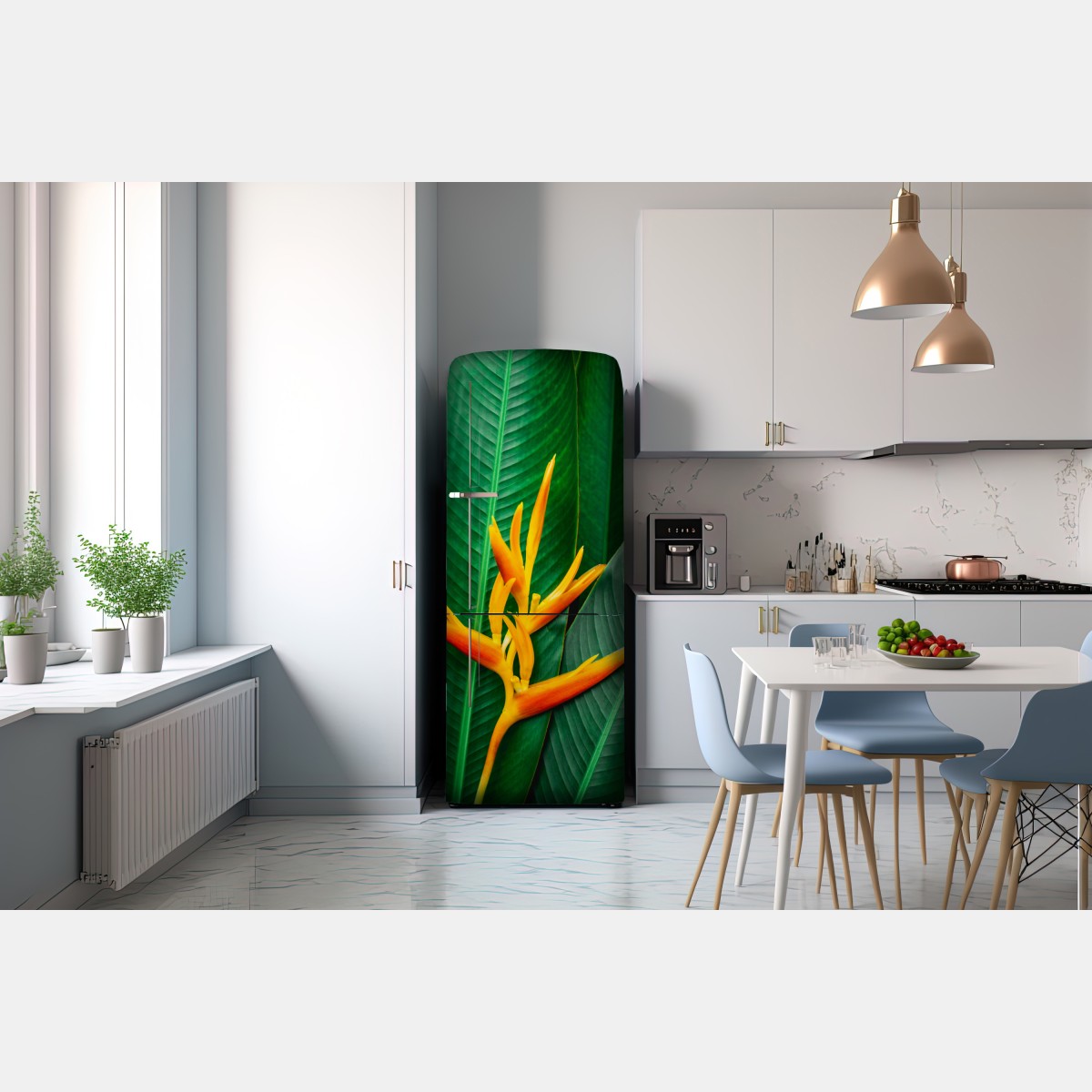 Naklejka na lodówkę żywa heliconia na zielonych liściach – Wallissimo® Naklejka na lodówkę żywa heliconia na zielonych liściach – Wallissimo®