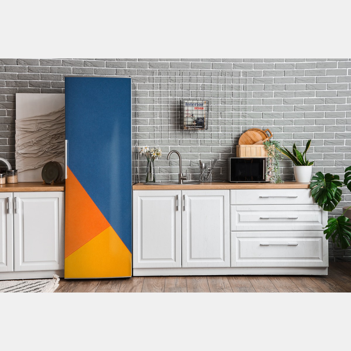 Naklejka na lodówkę odważna kompozycja geometryczna w niebieskim i pomarańczowym – Wallissimo® Naklejka na lodówkę odważna kompozycja geometryczna w niebieskim i pomarańczowym – Wallissimo®
