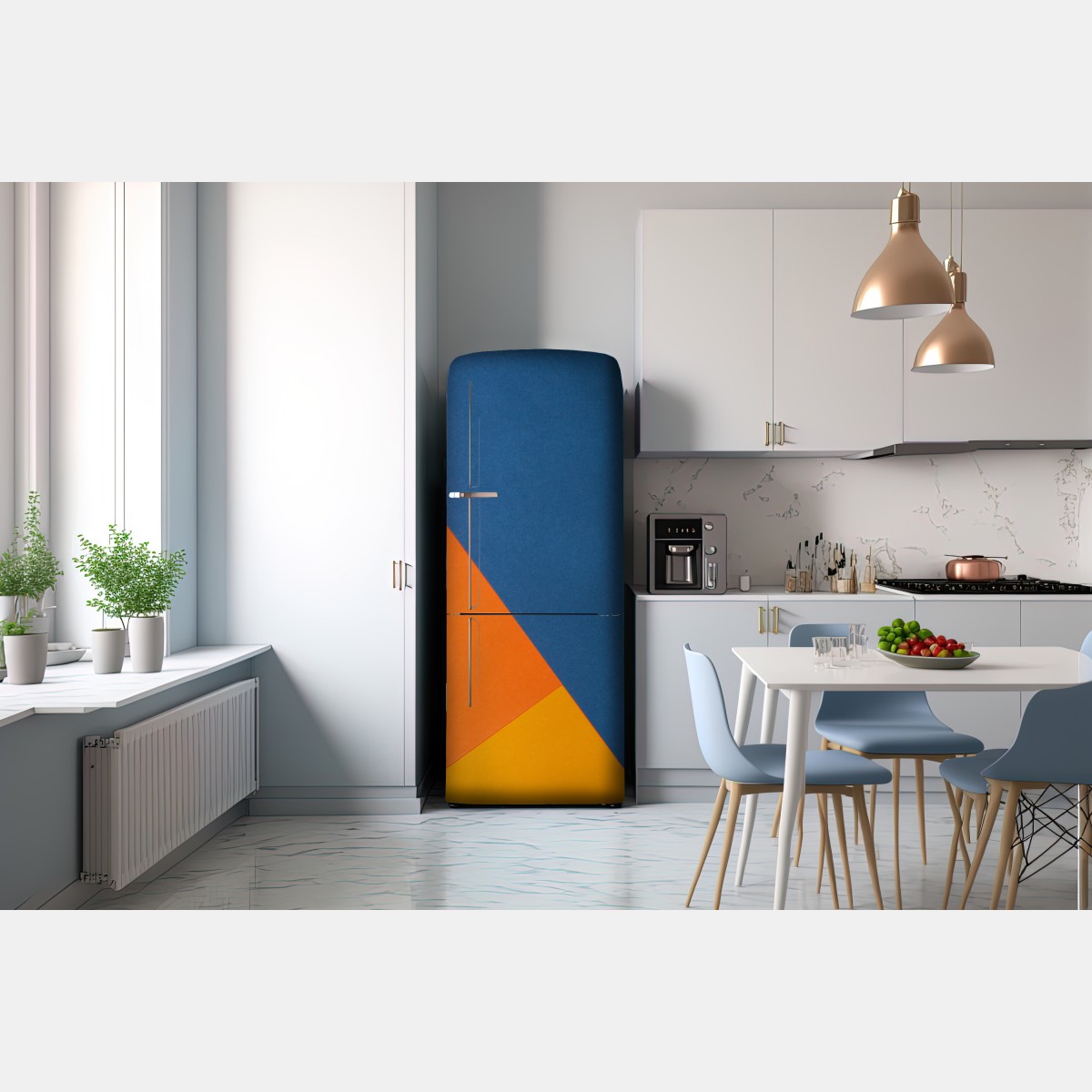 Naklejka na lodówkę odważna kompozycja geometryczna w niebieskim i pomarańczowym – Wallissimo® Naklejka na lodówkę odważna kompozycja geometryczna w niebieskim i pomarańczowym – Wallissimo®