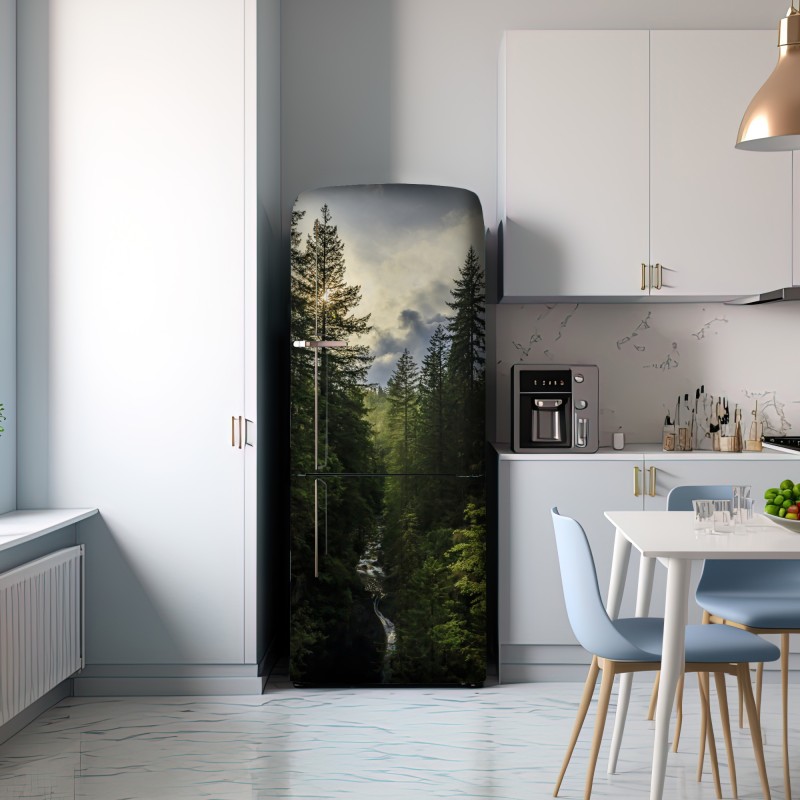 Naklejka na lodówkę mglisty iglasty las z wodospadem – Wallissimo® Naklejka na lodówkę mglisty iglasty las z wodospadem – Wallissimo®