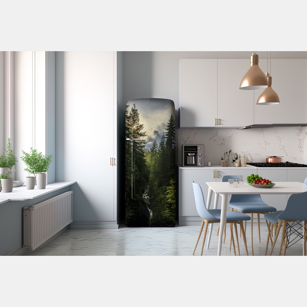 Naklejka na lodówkę mglisty iglasty las z wodospadem – Wallissimo® Naklejka na lodówkę mglisty iglasty las z wodospadem – Wallissimo®