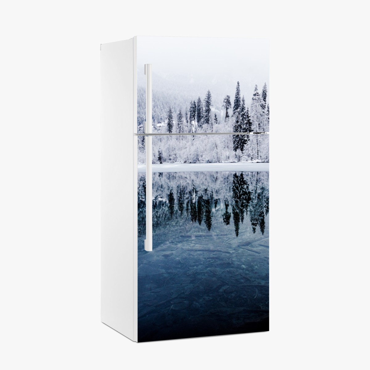 Fridge sticker winter lake reflection in snowy forest – Wallissimo®