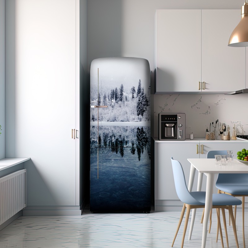 Naklejka na lodówkę zimowe jezioro z odbiciem w śnieżnym lesie – Wallissimo® Naklejka na lodówkę zimowe jezioro z odbiciem w śnieżnym lesie – Wallissimo®