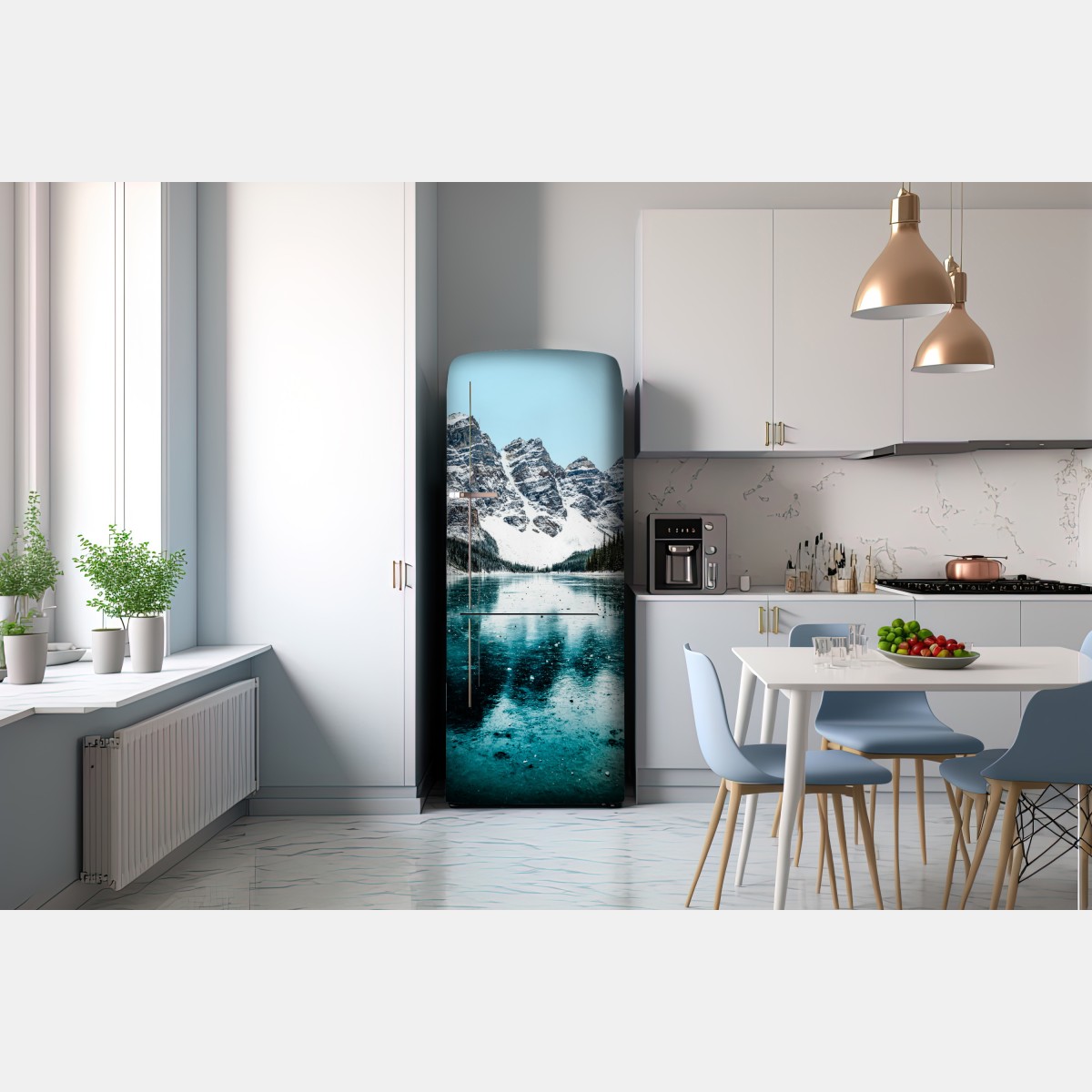 Naklejka na lodówkę lodowe turkusowe odbicie gór – Wallissimo® Naklejka na lodówkę lodowe turkusowe odbicie gór – Wallissimo®