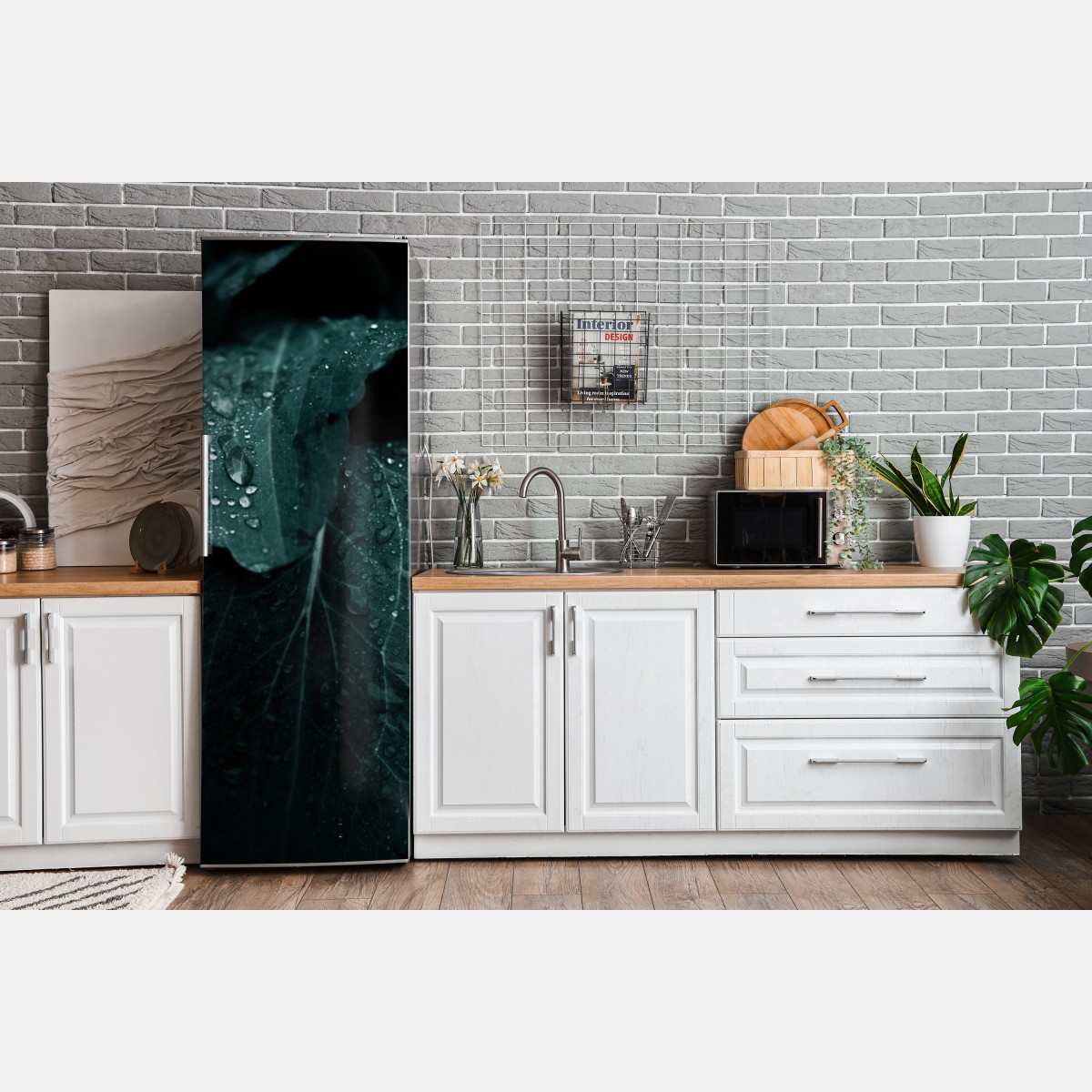 Naklejka na lodówkę krople rosy na liściach – Wallissimo® Naklejka na lodówkę krople rosy na liściach – Wallissimo®