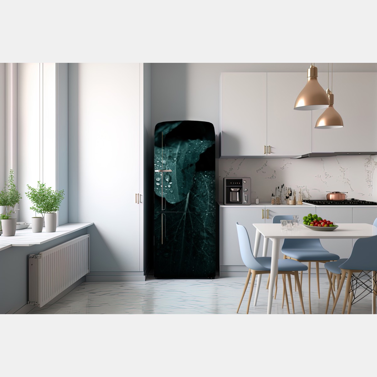 Naklejka na lodówkę krople rosy na liściach – Wallissimo® Naklejka na lodówkę krople rosy na liściach – Wallissimo®