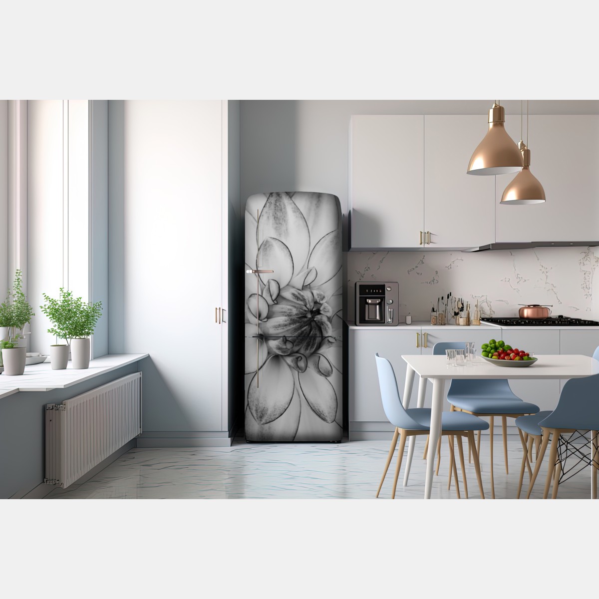 Naklejka na lodówkę monochromatyczne zbliżenie dalii – Wallissimo® Naklejka na lodówkę monochromatyczne zbliżenie dalii – Wallissimo®