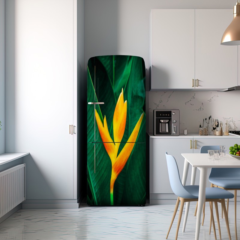 Naklejka na lodówkę żywy tropikalny kwiat heliconia na tle zielonych liści – Wallissimo® Naklejka na lodówkę żywy tropikalny kwiat heliconia na tle zielonych liści – Wallissimo®