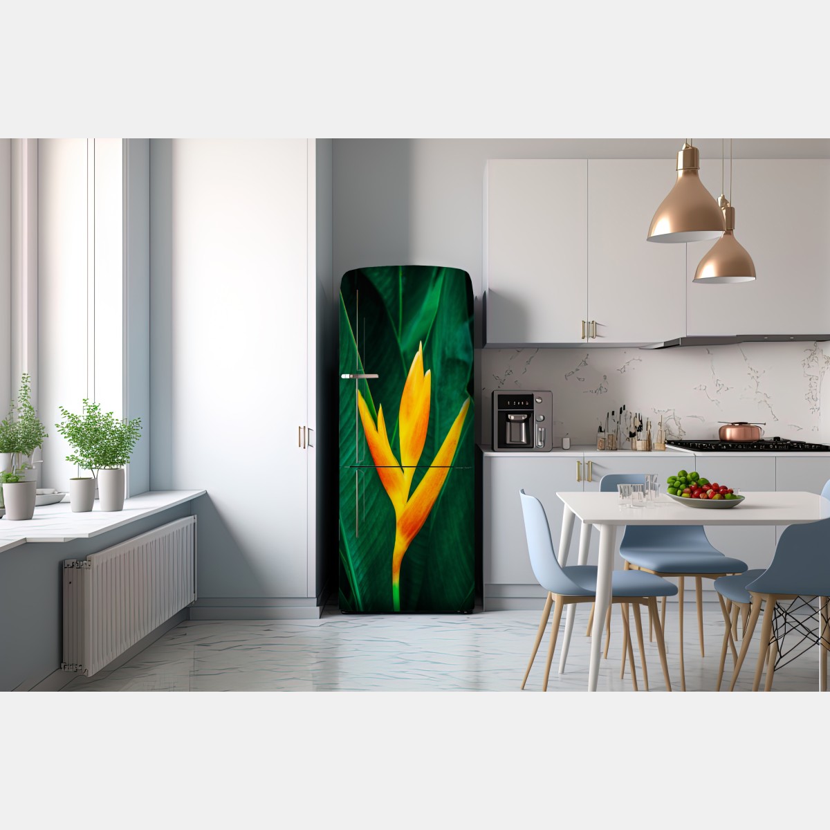 Naklejka na lodówkę żywy tropikalny kwiat heliconia na tle zielonych liści – Wallissimo® Naklejka na lodówkę żywy tropikalny kwiat heliconia na tle zielonych liści – Wallissimo®