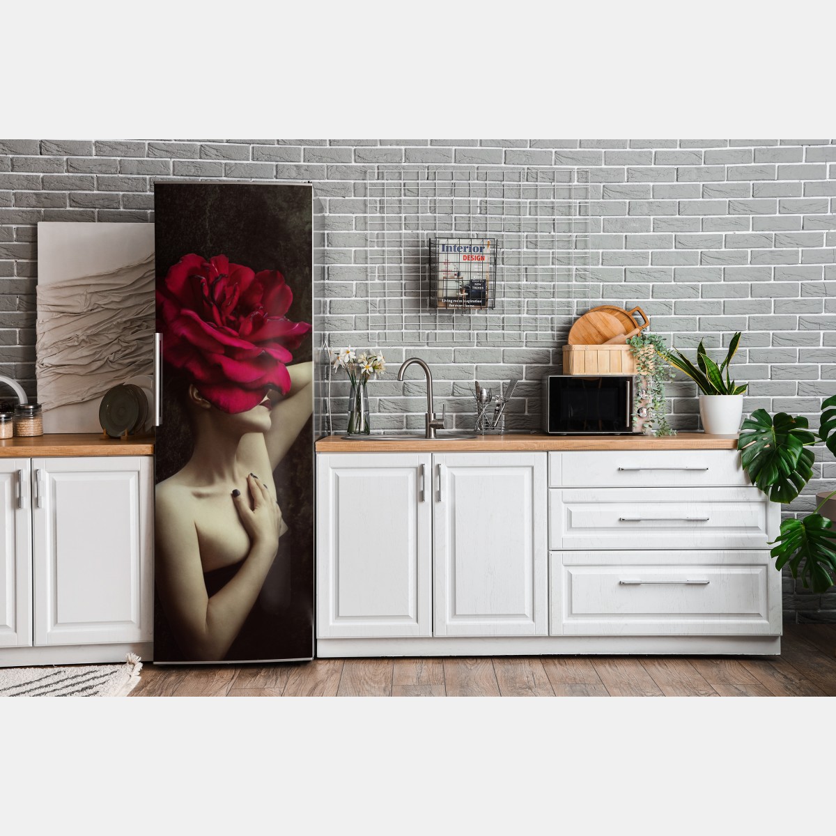 Naklejka na lodówkę kobieta z głową z róży surrealistyczny portret – Wallissimo® Naklejka na lodówkę kobieta z głową z róży surrealistyczny portret – Wallissimo®