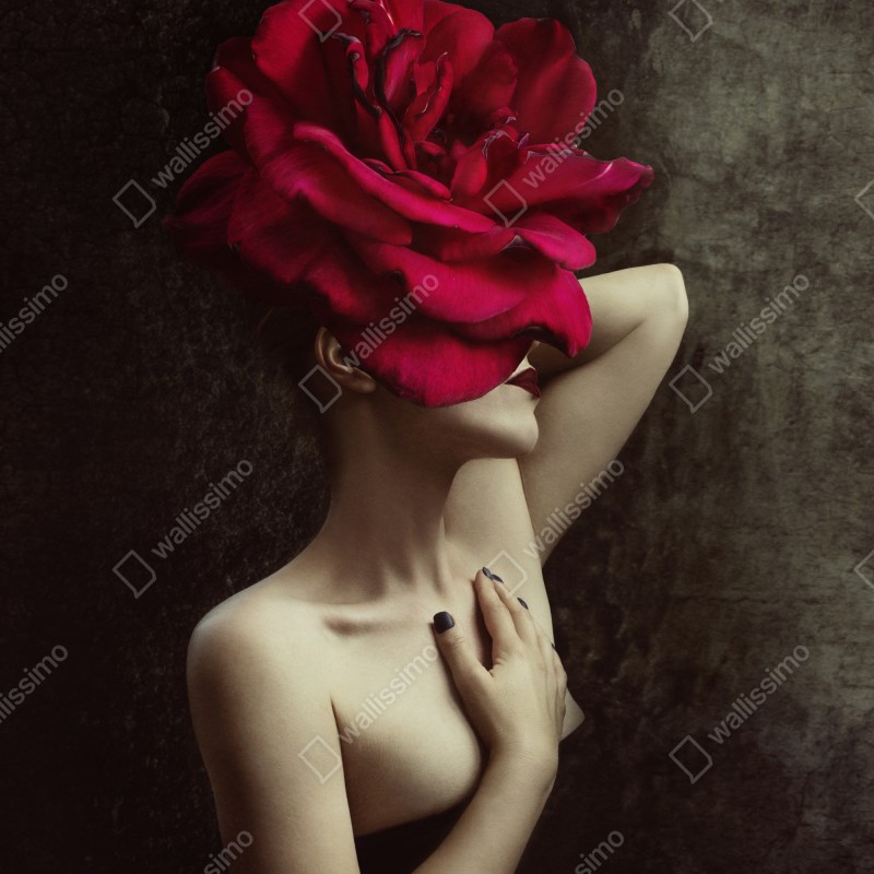 Naklejka na lodówkę kobieta z głową z róży surrealistyczny portret – Wallissimo® Naklejka na lodówkę kobieta z głową z róży surrealistyczny portret – Wallissimo®