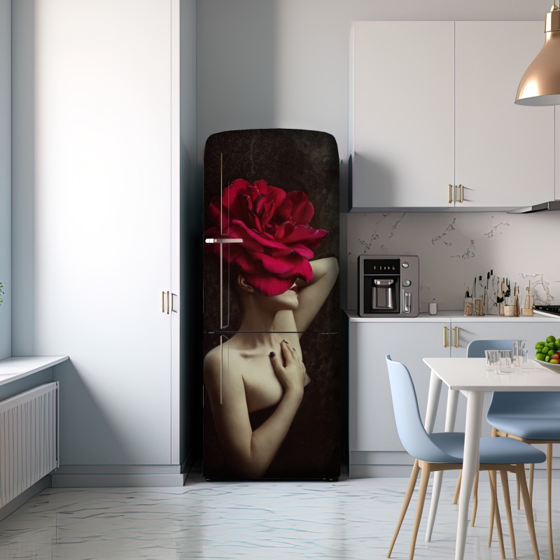 Naklejka na lodówkę kobieta z głową z róży surrealistyczny portret – Wallissimo® Naklejka na lodówkę kobieta z głową z róży surrealistyczny portret – Wallissimo®