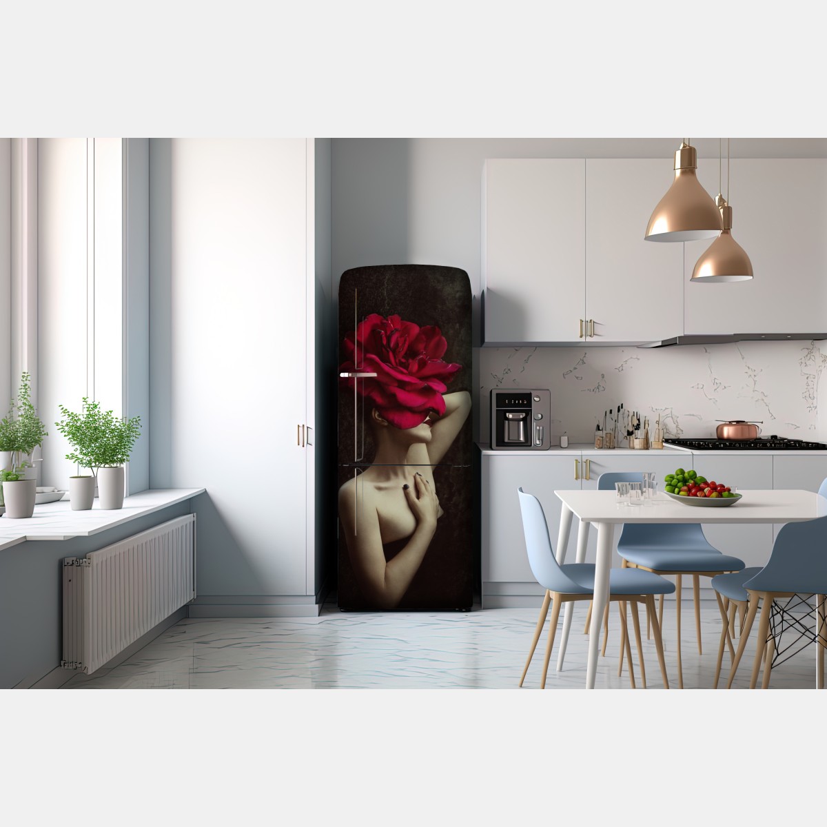 Naklejka na lodówkę kobieta z głową z róży surrealistyczny portret – Wallissimo® Naklejka na lodówkę kobieta z głową z róży surrealistyczny portret – Wallissimo®