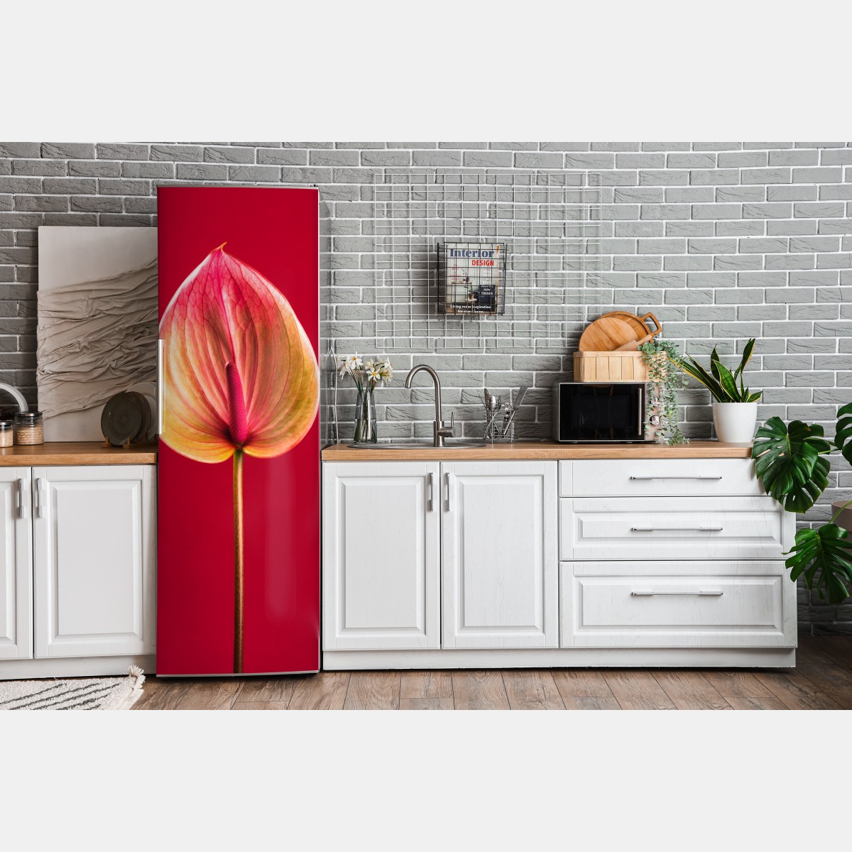 Naklejka na lodówkę eleganckie anturium na czerwonym tle – Wallissimo® Naklejka na lodówkę eleganckie anturium na czerwonym tle – Wallissimo®