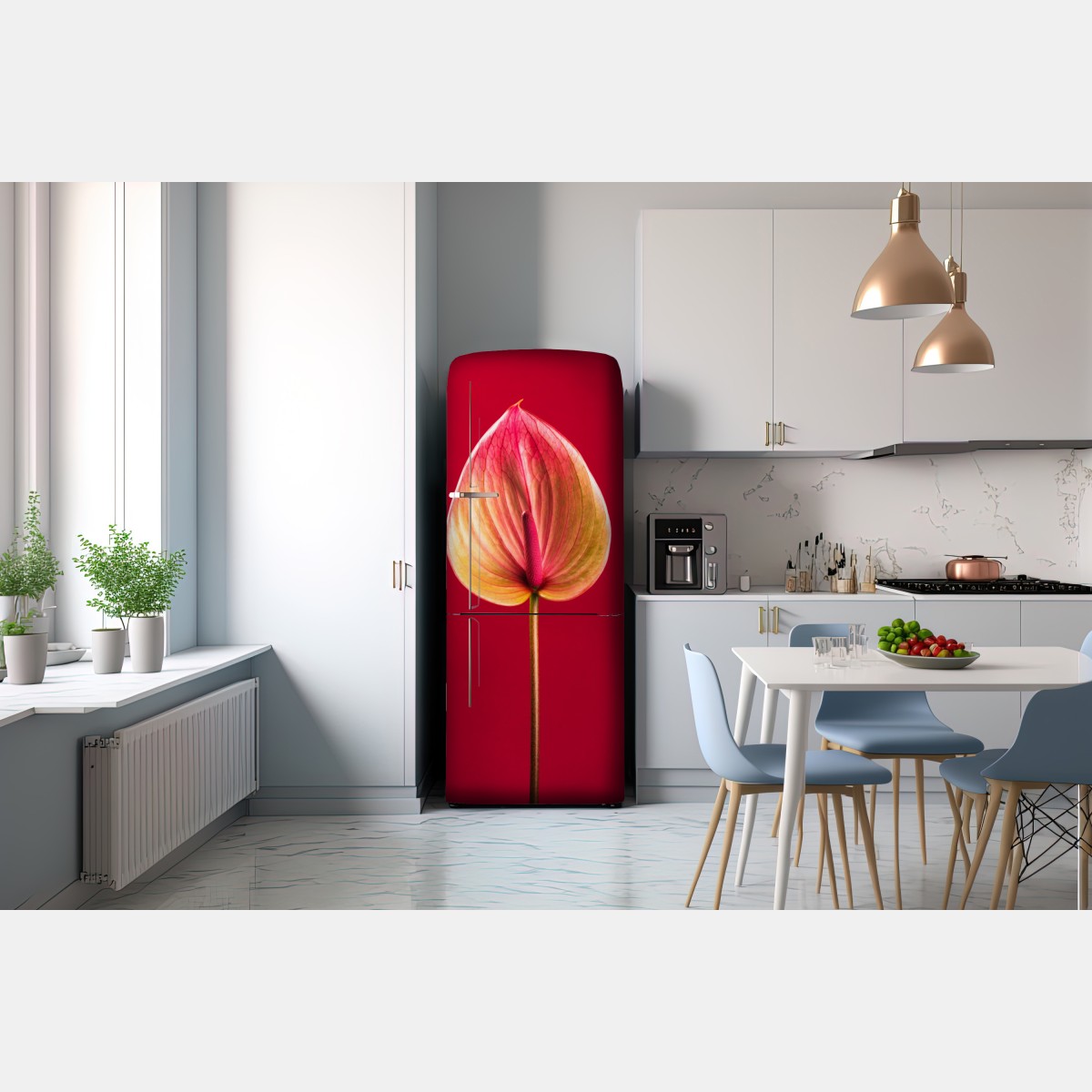 Naklejka na lodówkę eleganckie anturium na czerwonym tle – Wallissimo® Naklejka na lodówkę eleganckie anturium na czerwonym tle – Wallissimo®