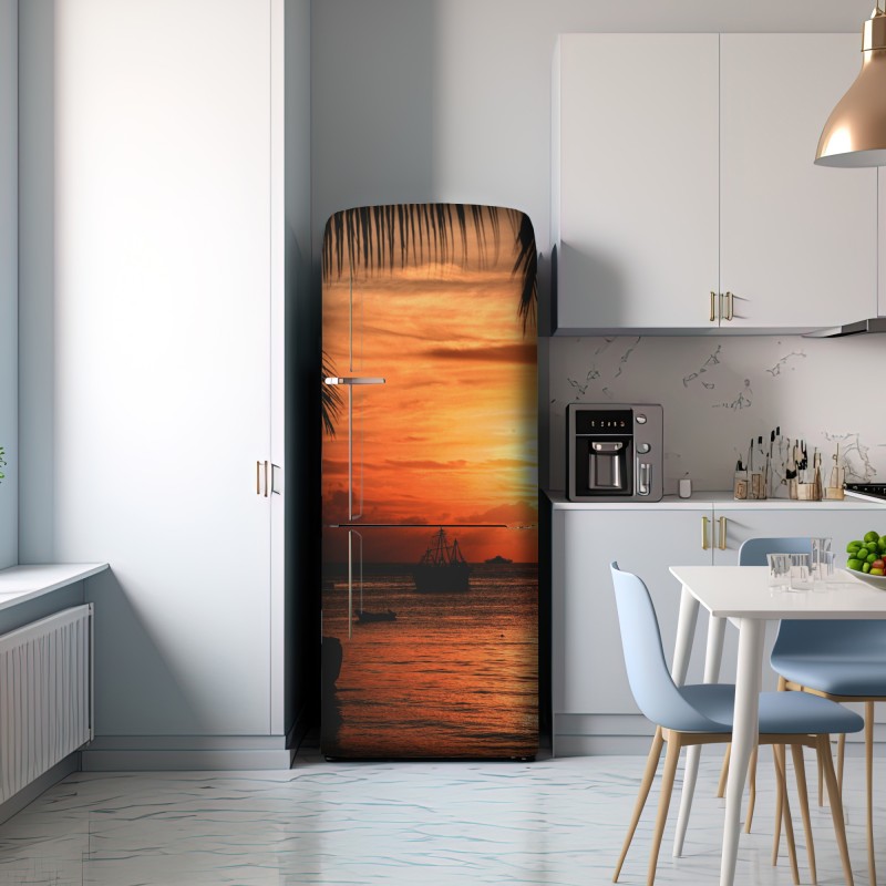 Naklejka na lodówkę tropikalny zachód słońca nad morzem – Wallissimo® Naklejka na lodówkę tropikalny zachód słońca nad morzem – Wallissimo®