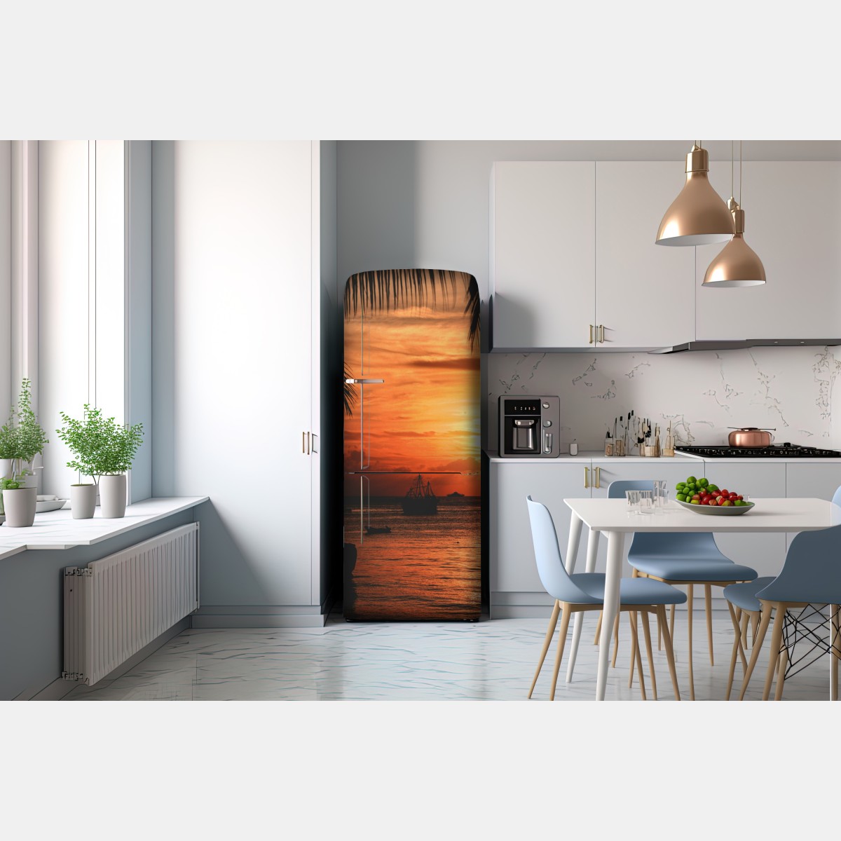 Naklejka na lodówkę tropikalny zachód słońca nad morzem – Wallissimo® Naklejka na lodówkę tropikalny zachód słońca nad morzem – Wallissimo®
