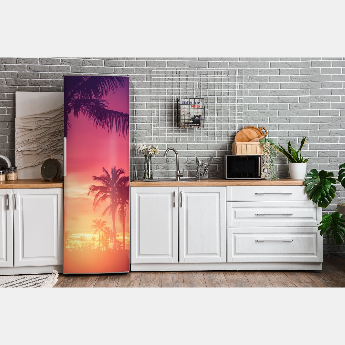 Naklejka na lodówkę tropikalny zachód słońca z palmami – Wallissimo® Naklejka na lodówkę tropikalny zachód słońca z palmami – Wallissimo®