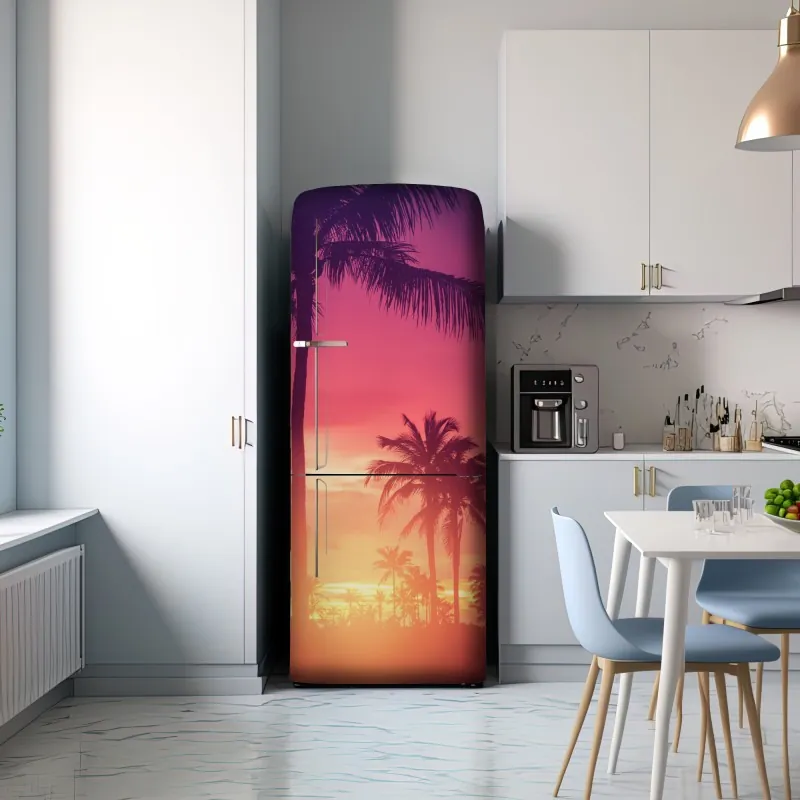Naklejka na lodówkę tropikalny zachód słońca z palmami – Wallissimo® Naklejka na lodówkę tropikalny zachód słońca z palmami – Wallissimo®