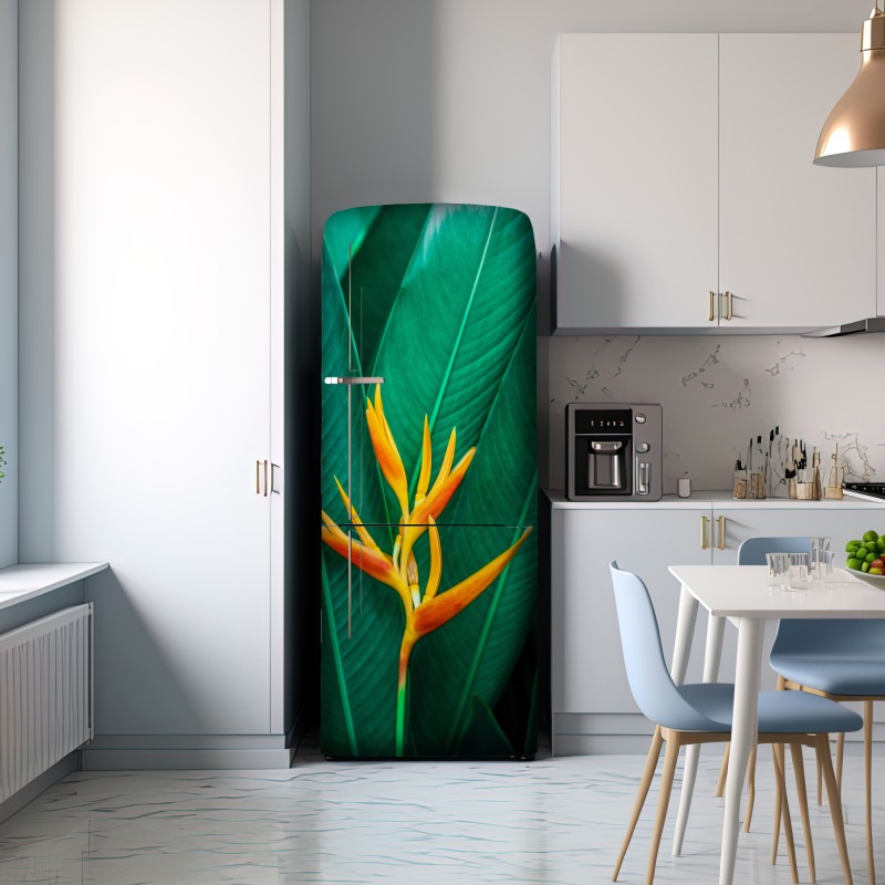 Naklejka na lodówkę intensywny tropikalny ptak rajski na zielonych liściach – Wallissimo® Naklejka na lodówkę intensywny tropikalny ptak rajski na zielonych liściach – Wallissimo®