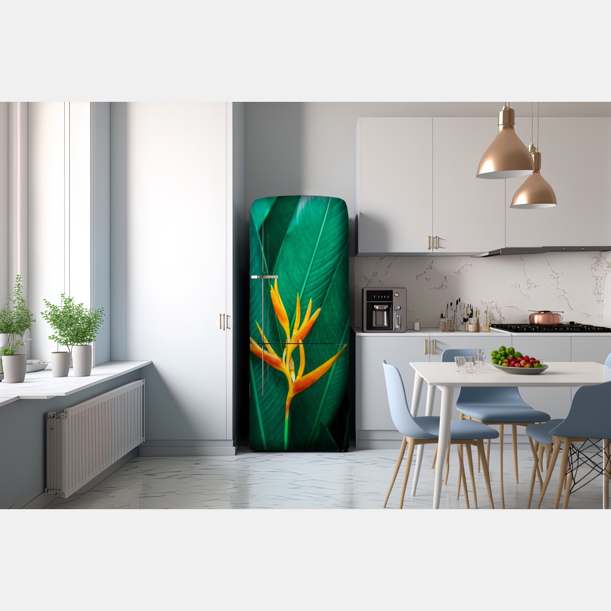 Naklejka na lodówkę intensywny tropikalny ptak rajski na zielonych liściach – Wallissimo® Naklejka na lodówkę intensywny tropikalny ptak rajski na zielonych liściach – Wallissimo®