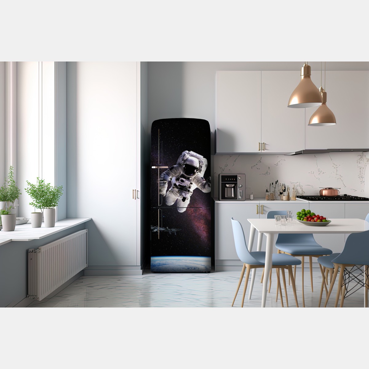 Naklejka na lodówkę astronauta nad Ziemią i galaktyką – Wallissimo® Naklejka na lodówkę astronauta nad Ziemią i galaktyką – Wallissimo®