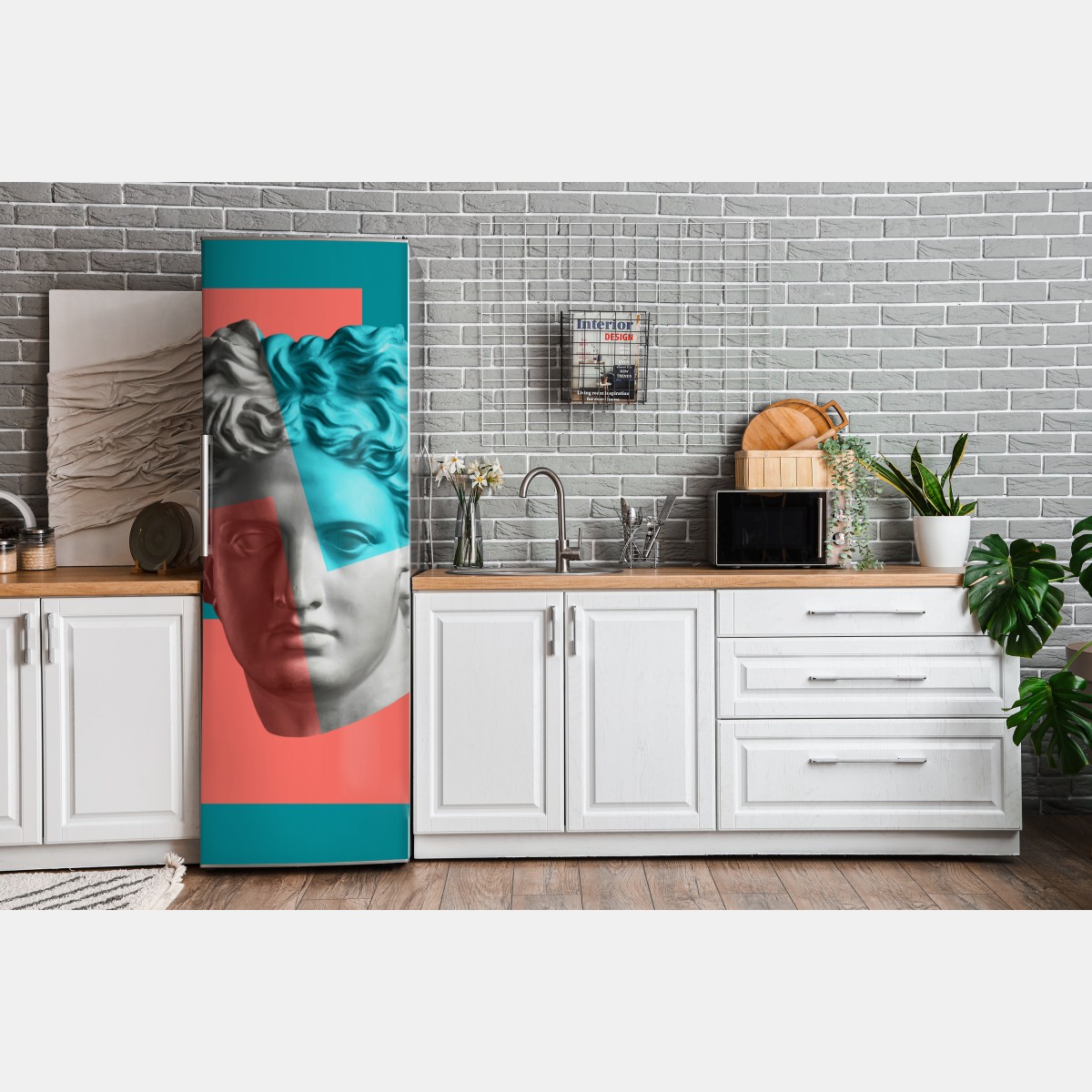 Naklejka na lodówkę duotonalna rzeźba głowy w kolażu – Wallissimo® Naklejka na lodówkę duotonalna rzeźba głowy w kolażu – Wallissimo®