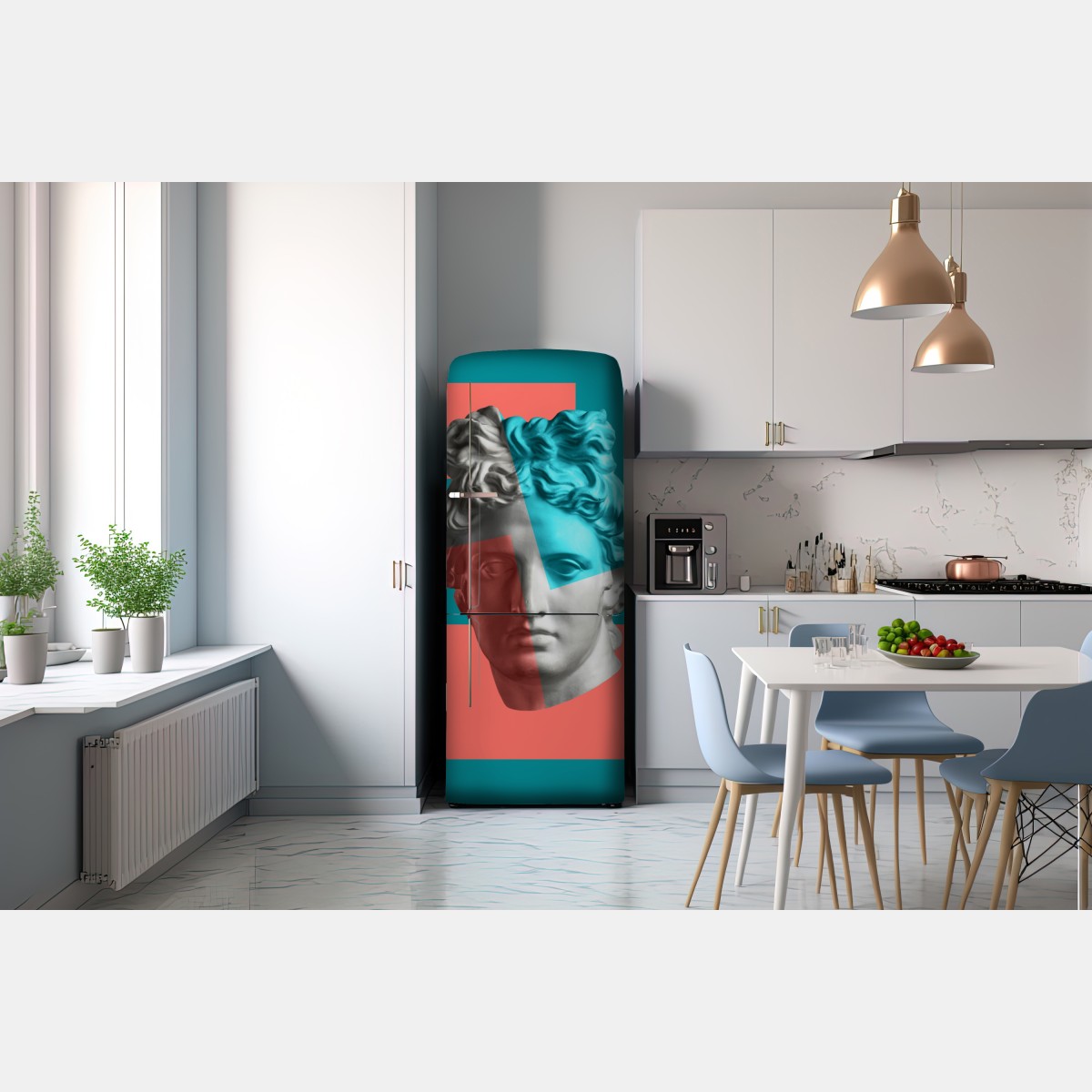 Naklejka na lodówkę duotonalna rzeźba głowy w kolażu – Wallissimo® Naklejka na lodówkę duotonalna rzeźba głowy w kolażu – Wallissimo®