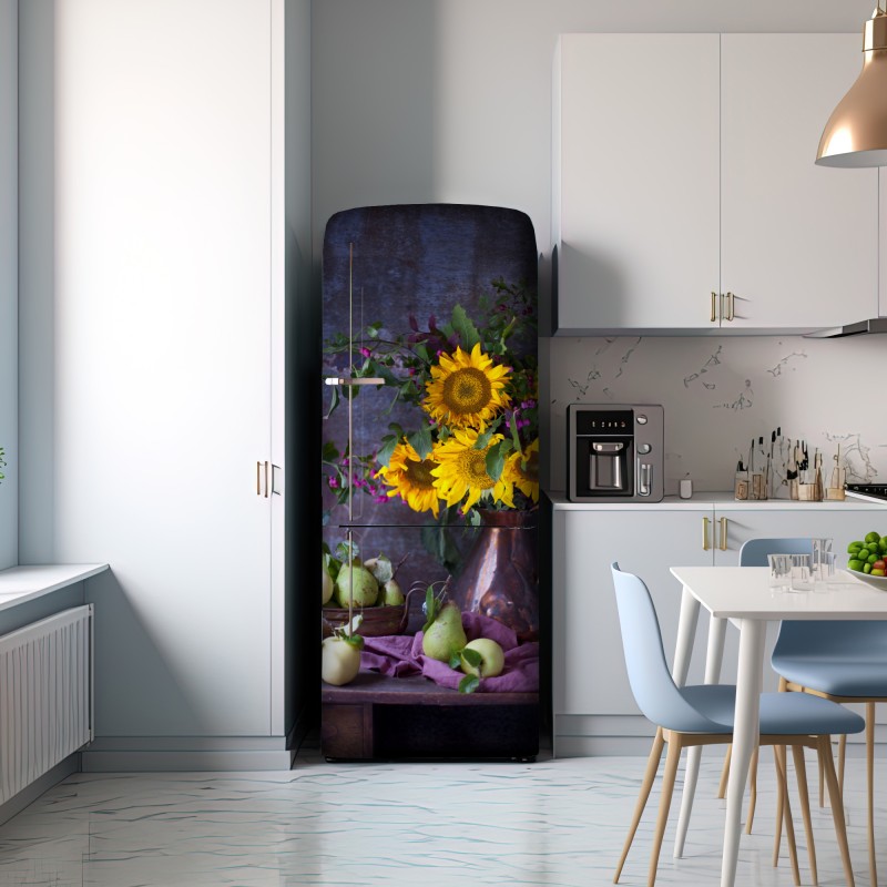 Naklejka na lodówkę słoneczniki i gruszki rustykalna martwa natura – Wallissimo® Naklejka na lodówkę słoneczniki i gruszki rustykalna martwa natura – Wallissimo®