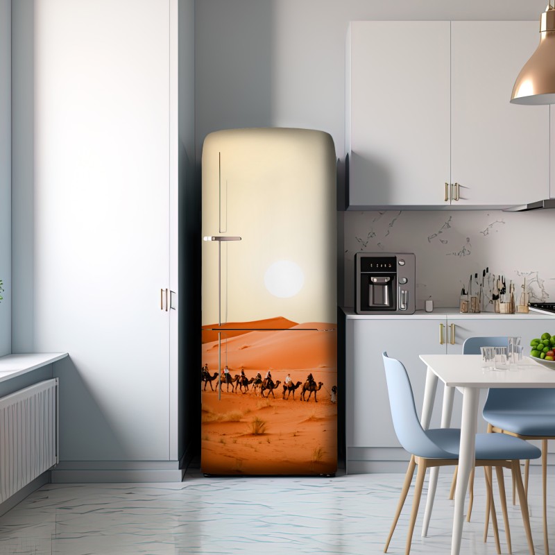 Naklejka na lodówkę karawana wielbłądów o zachodzie słońca na pustyni – Wallissimo® Naklejka na lodówkę karawana wielbłądów o zachodzie słońca na pustyni – Wallissimo®