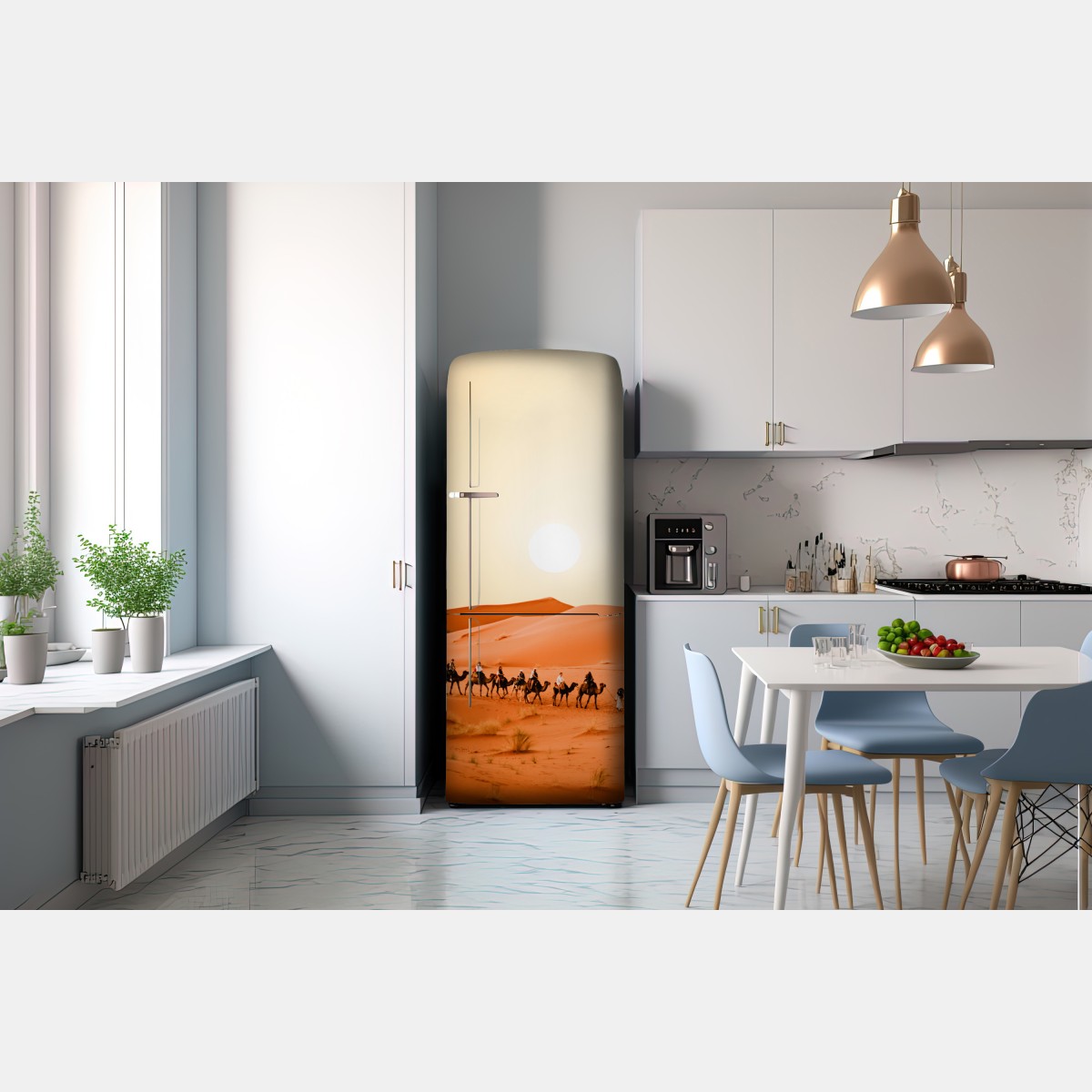 Naklejka na lodówkę karawana wielbłądów o zachodzie słońca na pustyni – Wallissimo® Naklejka na lodówkę karawana wielbłądów o zachodzie słońca na pustyni – Wallissimo®